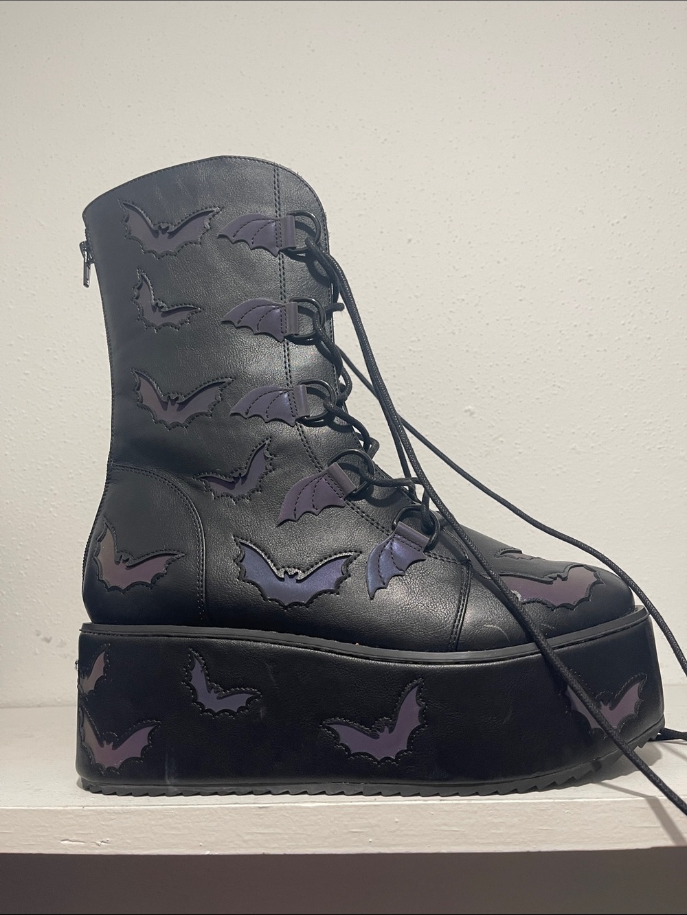 Black Platform Lace-Up Boots with Purple Bat Accents